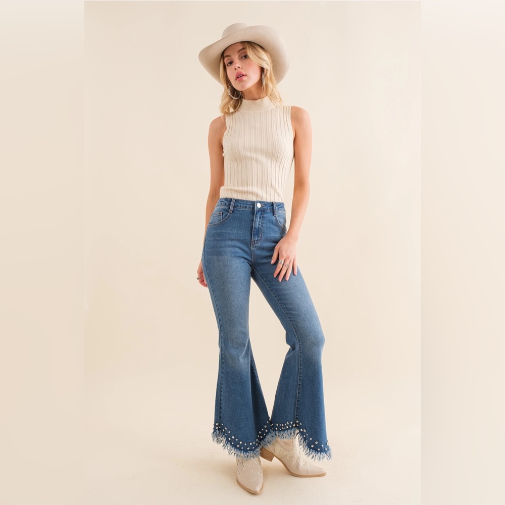 Distressed Fringe Bottom Edge Rhinestone Detailed Denim Jeans - Picture 6 of 9